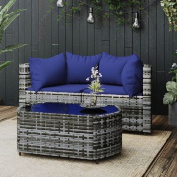 vidaXL 3-delige Loungeset met kussens poly rattan grijs