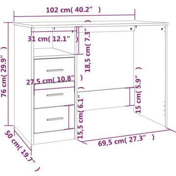 vidaXL Bureau met lades 102x50x76 cm bewerkt hout gerookt eikenkleurig