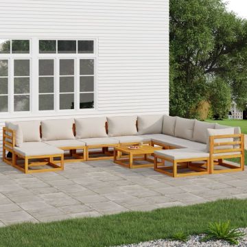 vidaXL 11-delige Loungeset met lichtgrijze kussens massief hout