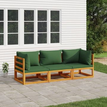 vidaXL 3-delige Loungeset met groene kussens massief hout