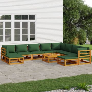 vidaXL 11-delige Loungeset met groene kussens massief hout