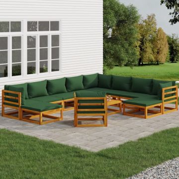 vidaXL 12-delige Loungeset met groene kussens massief hout