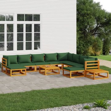 vidaXL 12-delige Loungeset met groene kussens massief hout