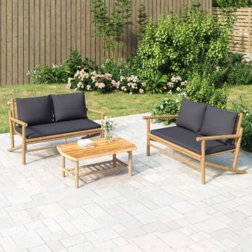 vidaXL 3-delige Loungeset met kussens bamboe donkergrijs