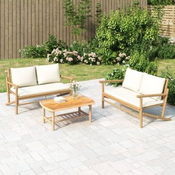 vidaXL 3-delige Loungeset met kussens bamboe crèmewit