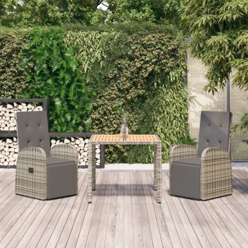 vidaXL 3-delige Tuinset met kussens poly rattan grijs