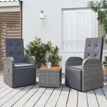 vidaXL 3-delige Loungeset poly rattan en massief acaciahout grijs