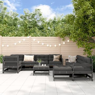 vidaXL 10-delige Loungeset met kussens massief hout grijs