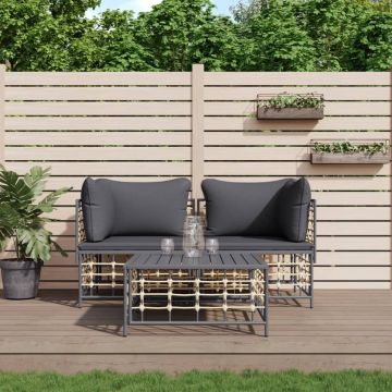 vidaXL 3-delige Loungeset met kussens poly rattan antracietkleurig