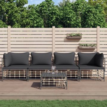 vidaXL 5-delige Loungeset met kussens poly rattan antracietkleurig