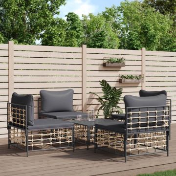 vidaXL 5-delige Loungeset met kussens poly rattan antracietkleurig