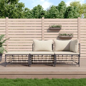 vidaXL 3-delige Loungeset met kussens poly rattan antracietkleurig