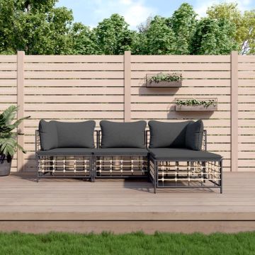 vidaXL 4-delige Loungeset met kussens poly rattan antracietkleurig