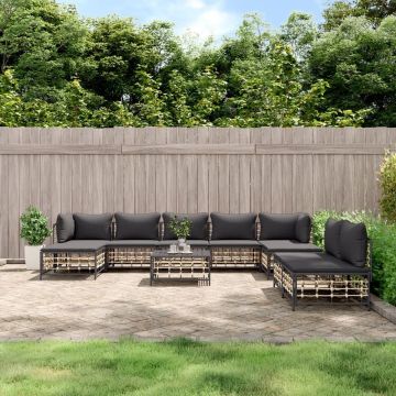 vidaXL 10-delige Loungeset met kussens poly rattan antracietkleurig