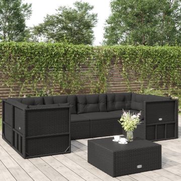 vidaXL 6-delige Loungeset met kussens poly rattan zwart