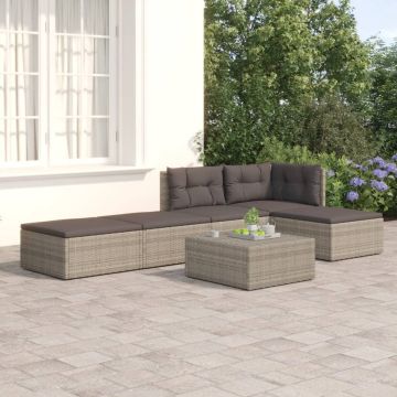 vidaXL 5-delige Loungeset met kussens poly rattan grijs