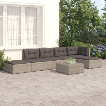 vidaXL 6-delige Loungeset met kussens poly rattan grijs