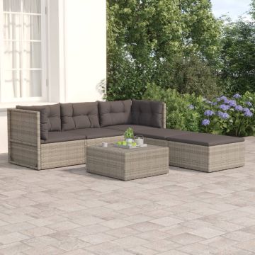 vidaXL 5-delige Loungeset met kussens poly rattan grijs