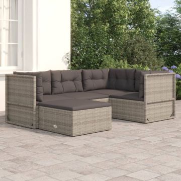 vidaXL 5-delige Loungeset met kussens poly rattan grijs