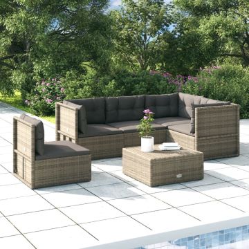 vidaXL 5-delige Loungeset met kussens poly rattan grijs