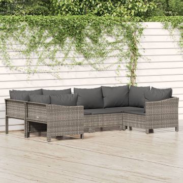 vidaXL 6-delige Loungeset met kussens poly rattan grijs