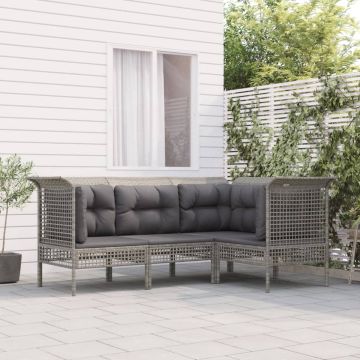 vidaXL 4-delige Loungeset met kussens poly rattan grijs