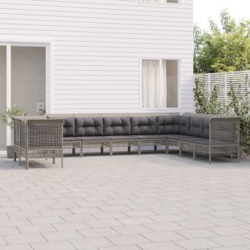 vidaXL 10-delige Loungeset met kussens poly rattan grijs