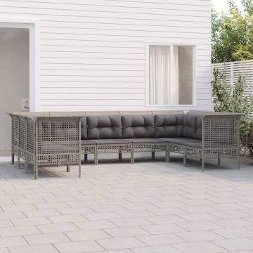 vidaXL 9-delige Loungeset met kussens poly rattan grijs