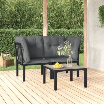 vidaXL 3-delige Loungeset met kussens poly rattan zwart en grijs