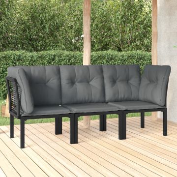 vidaXL 3-delige Loungeset met kussens poly rattan zwart en grijs