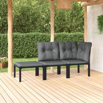 vidaXL 3-delige Loungeset met kussens poly rattan zwart en grijs