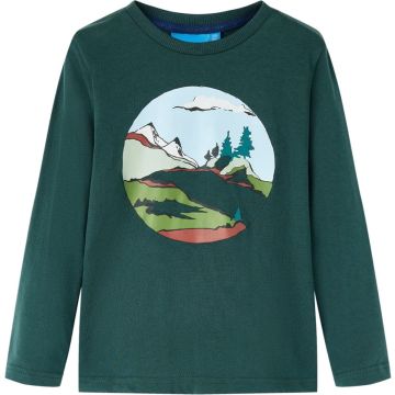 vidaXL-Kindershirt-met-lange-mouwen-bergen-en-bomenprint-116-donkergroen