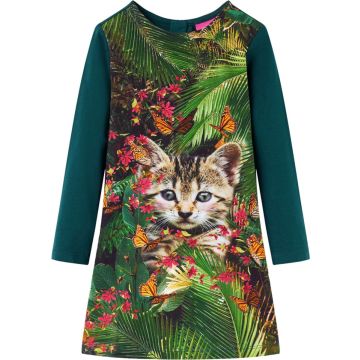 vidaXL-Kinderjurk-met-lange-mouwen-kattenprint-140-donkergroen