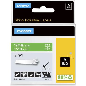 DYMO Rhino industriële Vinyl Labels | 12 mm x 5,5 m | witte afdruk op groen | zelfklevende labels voor Rhino &amp; LabelManager labelprinters