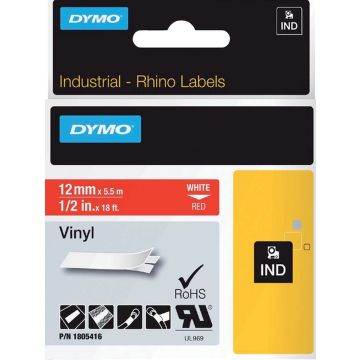 DYMO Rhino industriële Vinyl Labels | 12 mm x 5,5 m | witte afdruk op rood | zelfklevende labels voor Rhino &amp; LabelManager labelprinters
