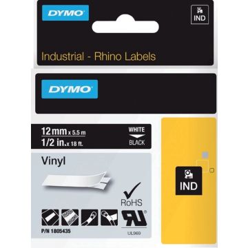 DYMO Rhino industriële Vinyl Labels | 12 mm x 5,5 m | witte afdruk op zwart | zelfklevende labels voor Rhino &amp; LabelManager labelprinters