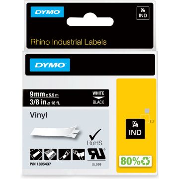 DYMO Rhino industriële Vinyl Labels | 9 mm x 5,5 m | witte afdruk op zwart | zelfklevende labels voor Rhino &amp; LabelManager labelprinters