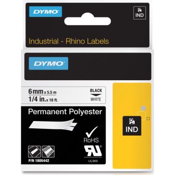 DYMO Rhino industriële labels | Permanent Polyester | 6 mm x 3,5 m | zwarte afdruk op wit | zelfklevende labels voor Rhino &amp; LabelManager labelprinters