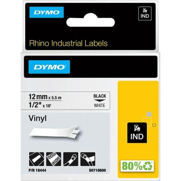DYMO Rhino industriële Vinyl Labels | 12 mm x 5,5 m | zwarte afdruk op wit | zelfklevende labels voor Rhino &amp; LabelManager labelprinters