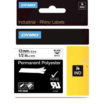 DYMO Rhino industriële labels | Permanent Polyester | 12 mm x 3,5 m | zwarte afdruk op wit | zelfklevende labels voor Rhino &amp; LabelManager labelprinters