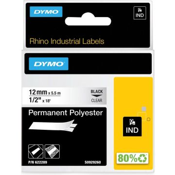 DYMO Rhino industriële labels | Permanent Polyester | 12 mm x 3,5 m | zwarte afdruk op transparant | zelfklevende labels voor Rhino &amp; LabelManager labelprinters