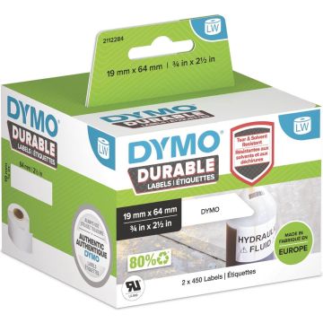 DYMO originele Duurzame LabelWriter labels | 19 mm x 64 mm | Witte Poly | 2 rollen met elk 450 labels (900 zelfklevende etiketten) | Stevige labels voor de LabelWriter labelprinters