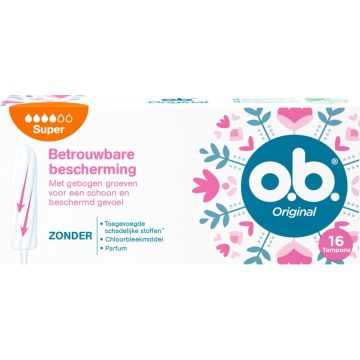 O.B. Tampons - Original Super Plus - Gebogen Groeven - 16 stuks - Voordeelverpakking 12 stuks