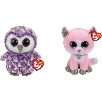 Ty - Knuffel - Beanie Boo's - Moonlight Owl &amp; Fiona Pink Cat