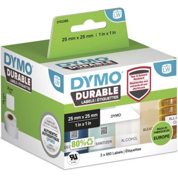 DYMO originele Duurzame LabelWriter labels | 25 mm x 25 mm | Witte Poly | 2 rollen met elk 850 labels (1700 zelfklevende etiketten) | Stevige labels voor de LabelWriter labelprinters