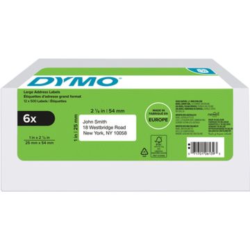 DYMO originele LabelWriter adreslabels voor retouren | 25 mm x 54 mm |6 met elk 500 labels (3.000 zelfklevende etiketten) | Geschikt voor de LabelWriter labelprinters | Gemaakt in Europa