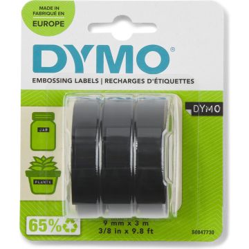 DYMO originele labeltape met reliëf | rollen van 9 mm x 3 m | Wit op zwart | Zelfklevend | Voor labelmakers voor reliëfdruk | 3 stuks