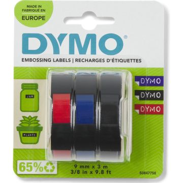 DYMO originele reliëftape | 9 mm x 3 m | Wit op blauw, wit op rood, wit op zwart | Zelfklevend | Voor labelmakers voor reliëftape | 3 stuks | Gemaakt in Europa