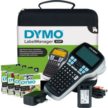 DYMO LabelManager 420P hoogpresterende oplaadbare draagbare labelmakerkit | ABC-toetsenbord met 4 rollen D1-labels en draagkoffer