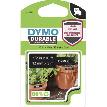 DYMO originele D1 Duurzame labels | Witte Tekst op Zwart Label | 12 mm x 3 m | zelfklevende etiketten voor de LabelManager labelprinter | gemaakt in Europa
